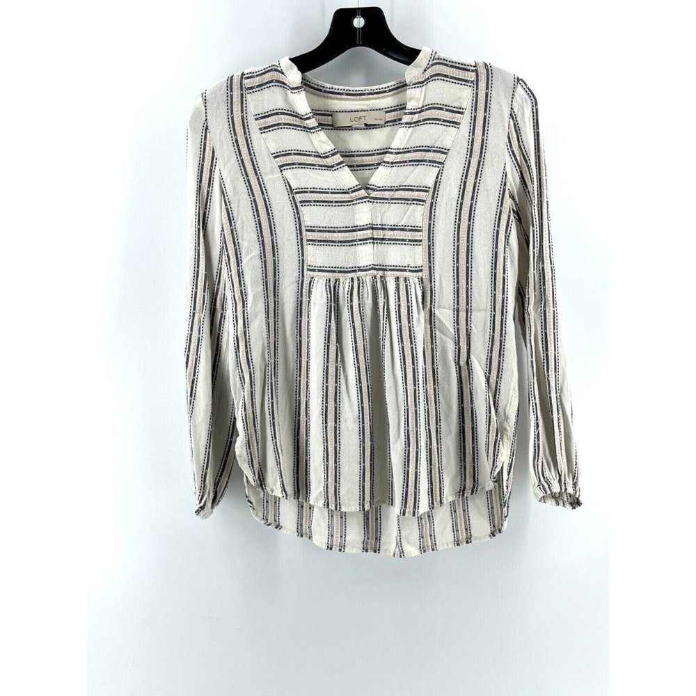 Ann Taylor LOFT Women's White Blue Striped V Neck Shirt Peasant Top Size XXS